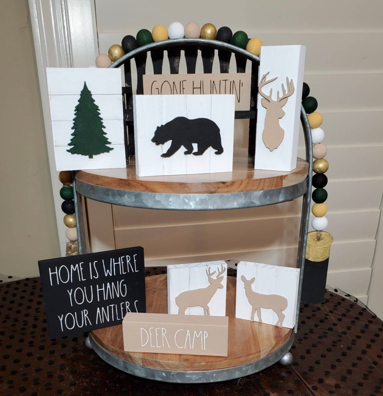 Hunting Cabin Tiered Tray Decor Set – 3D Wildlife & Rustic Signs with Labs, Bears, Buck & More