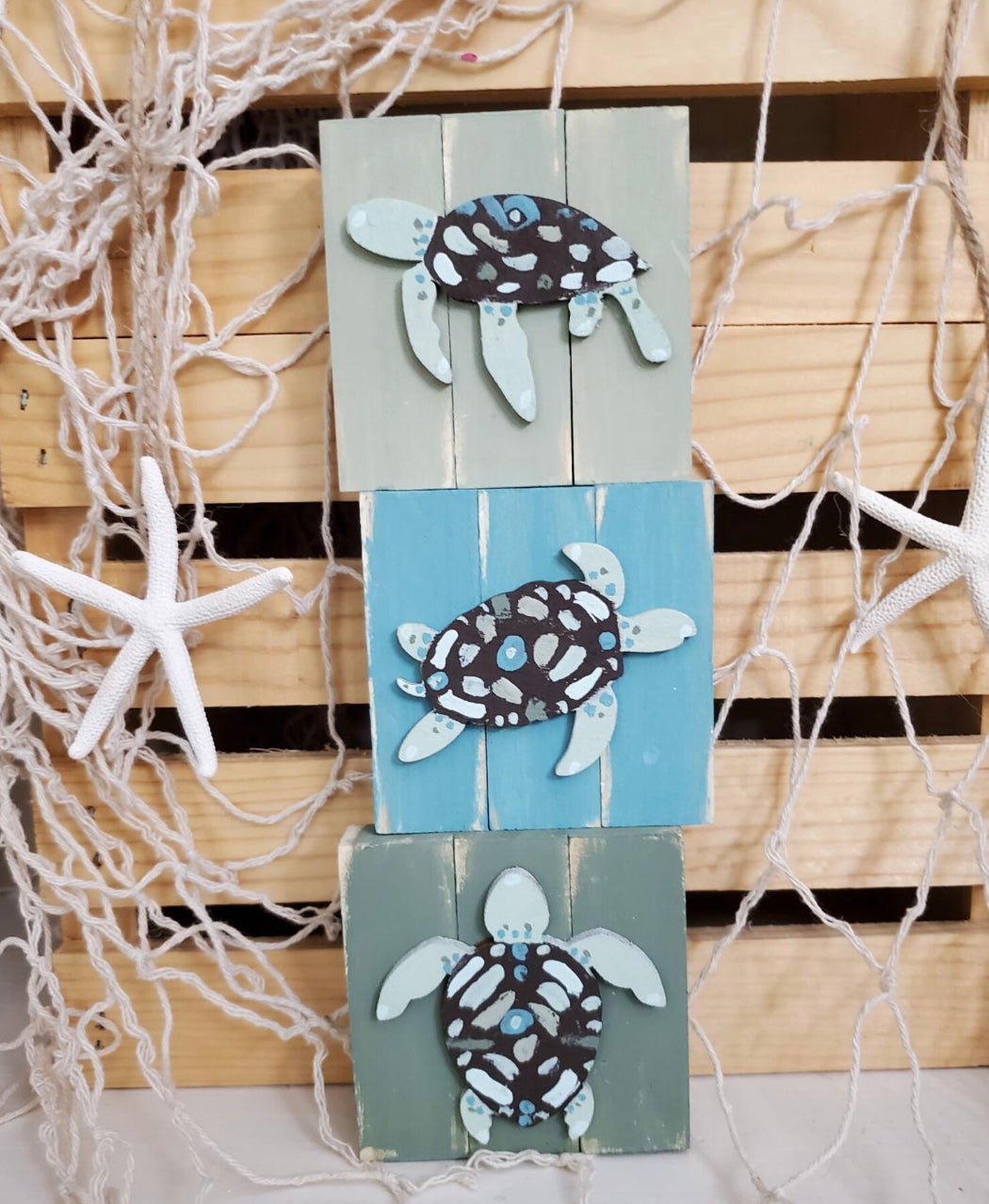 Sea Turtle Tiered Tray Decor Set – Hand-Painted Inspired by Outer Banks Sea Turtle Hospital