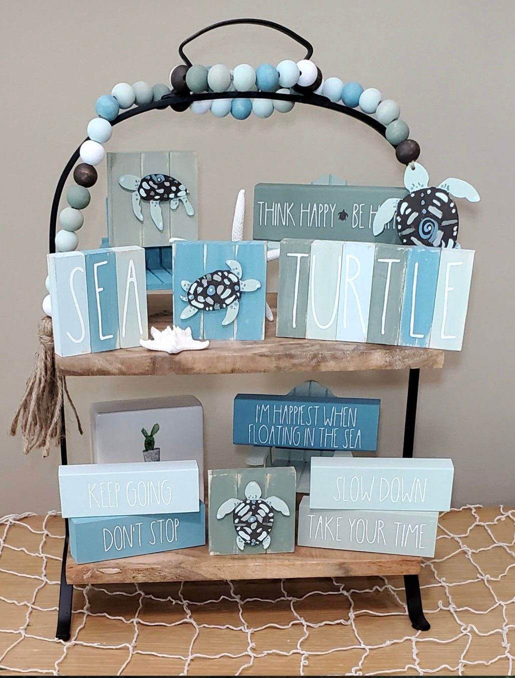 Sea Turtle Tiered Tray Decor Set – Hand-Painted Inspired by Outer Banks Sea Turtle Hospital