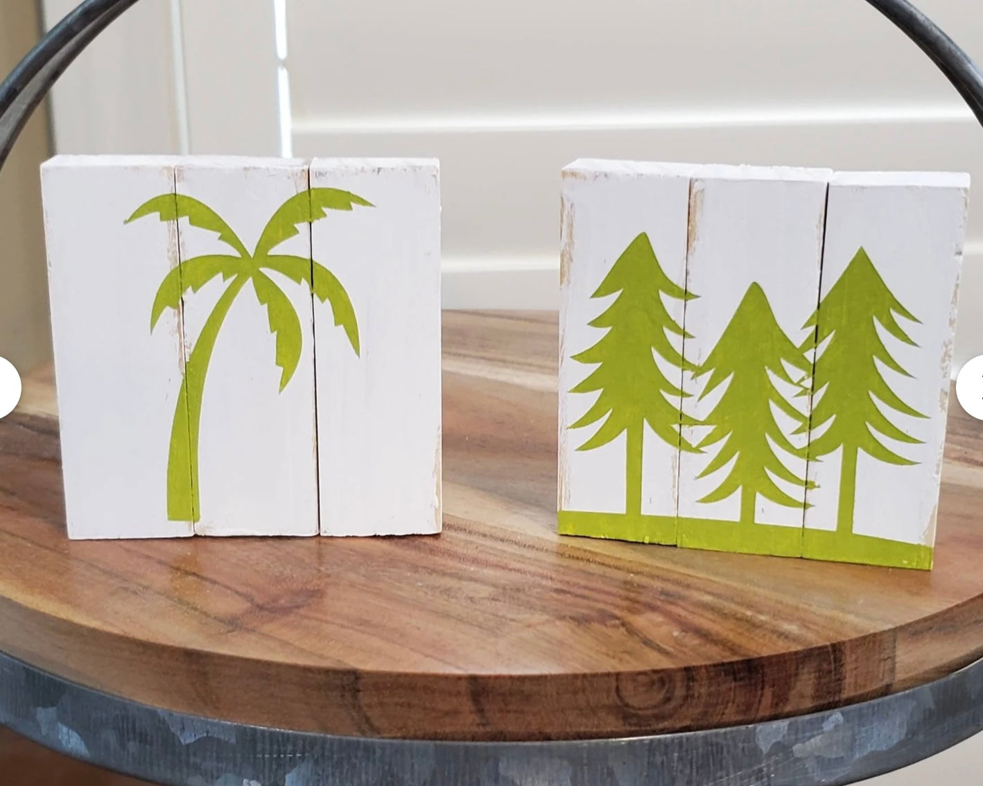 Flamingo Camping Tiered Tray Decor – Hand-Painted Camper, Pine, and Palm Signs with Bead Garland