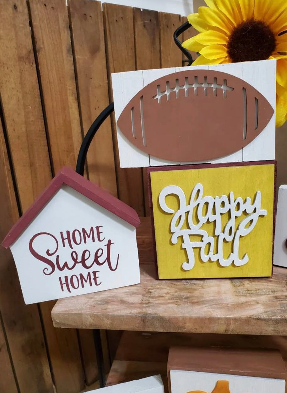 Fall Tiered Tray Decor – Burgundy & Gold 3D Wood Signs, Hand Painted Autumn Shelf Sitters