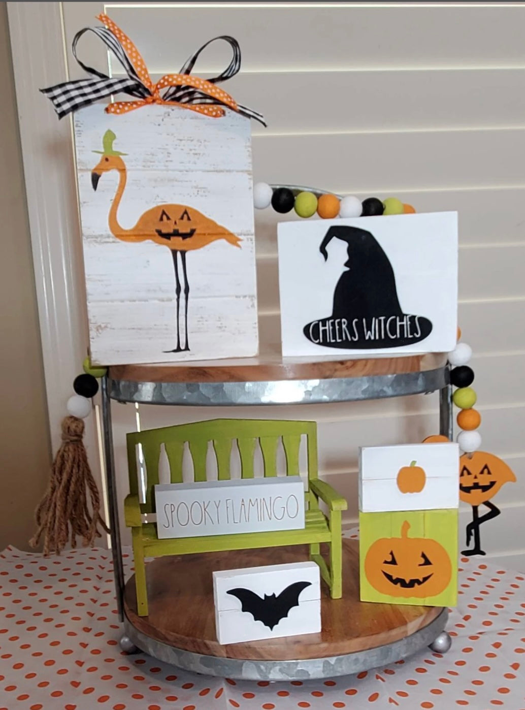 Flamingo Halloween Tiered Tray Decor – Hand-Painted Spooky Cute Signs for Coastal Halloween Styling