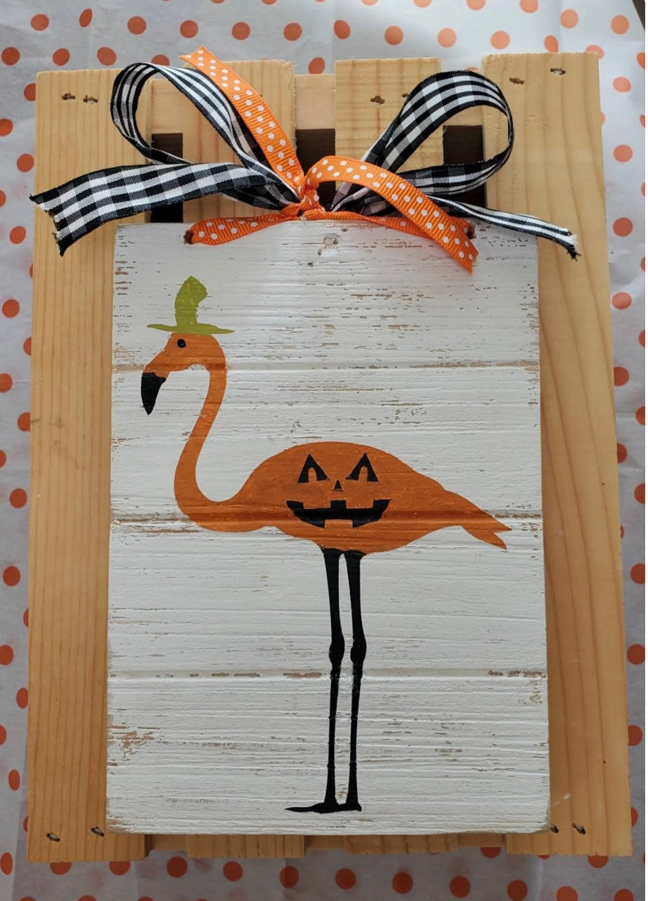 Flamingo Halloween Tiered Tray Decor – Hand-Painted Spooky Cute Signs for Coastal Halloween Styling