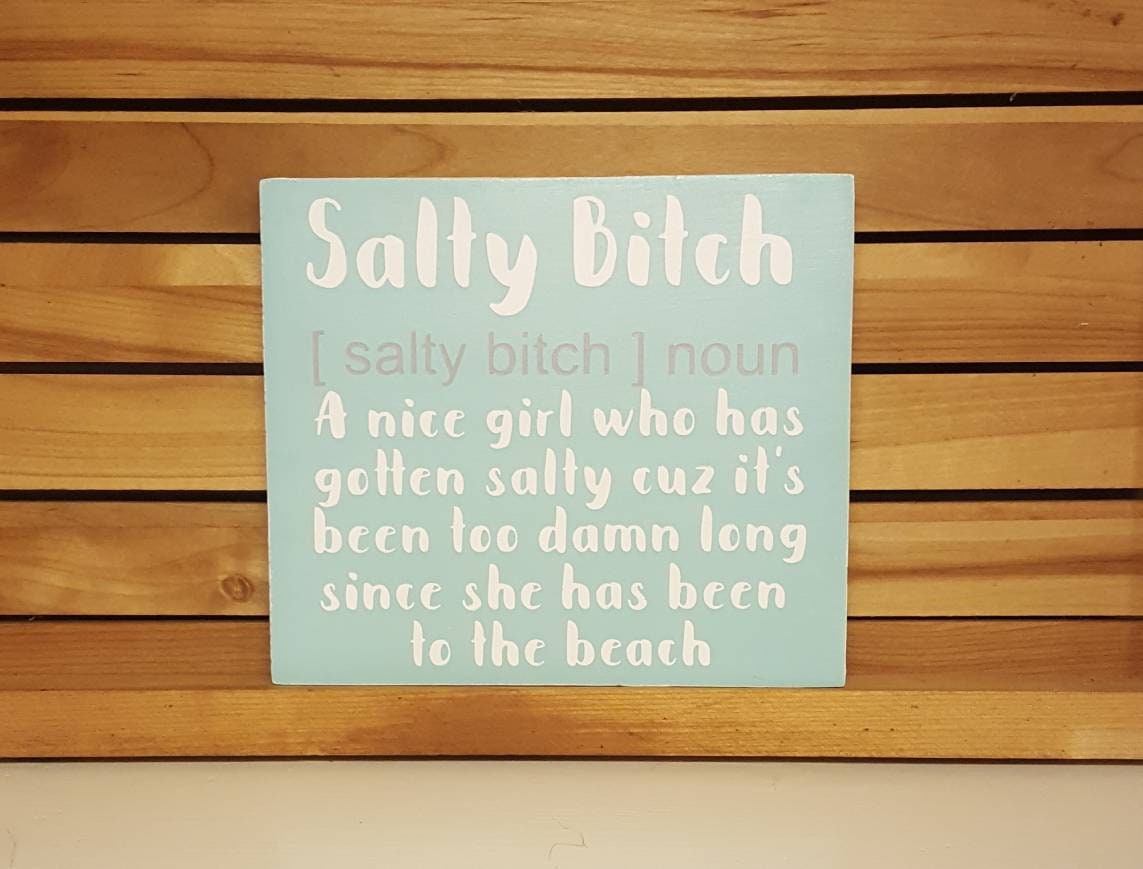 Salty Bitch Beach Sign – Hand-Painted Funny Coastal Wall Decor (7x7) with Sawtooth Hanger