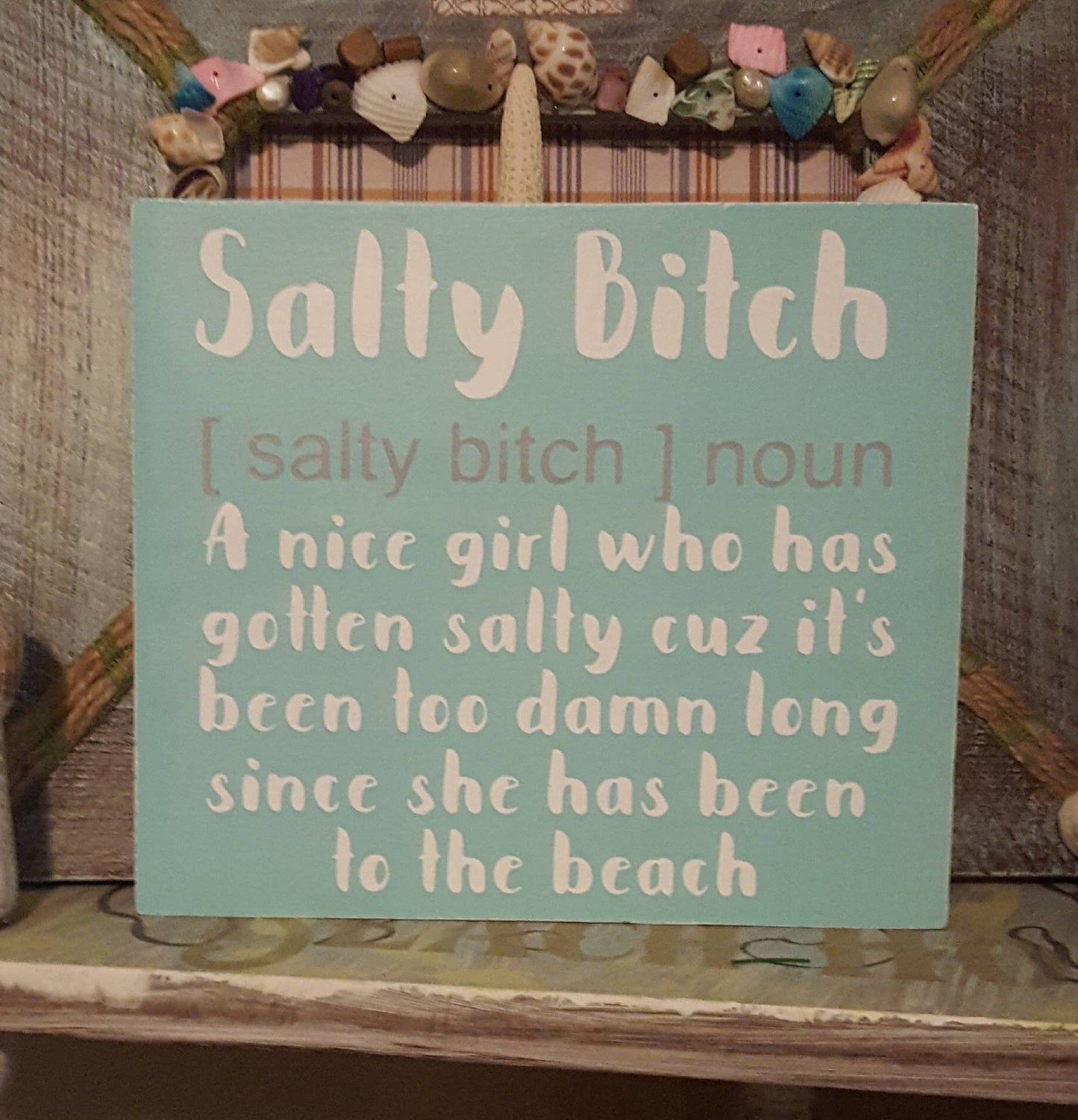 Salty Bitch Beach Sign – Hand-Painted Funny Coastal Wall Decor (7x7) with Sawtooth Hanger