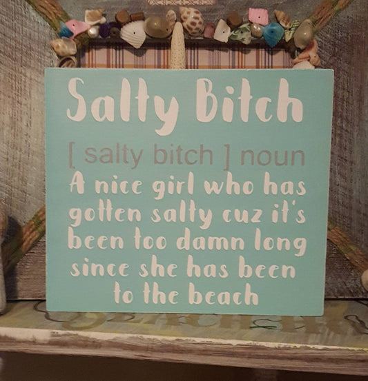 Salty Bitch Beach Sign – Hand-Painted Funny Coastal Wall Decor (7x7) with Sawtooth Hanger