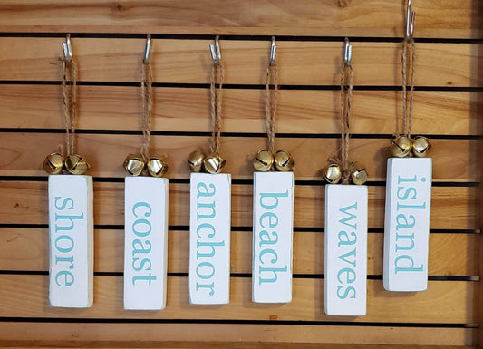 Beach Wood Ornaments with Jute Hanger and Bells – Hand-Painted Coastal Decor for Tree or Shelf