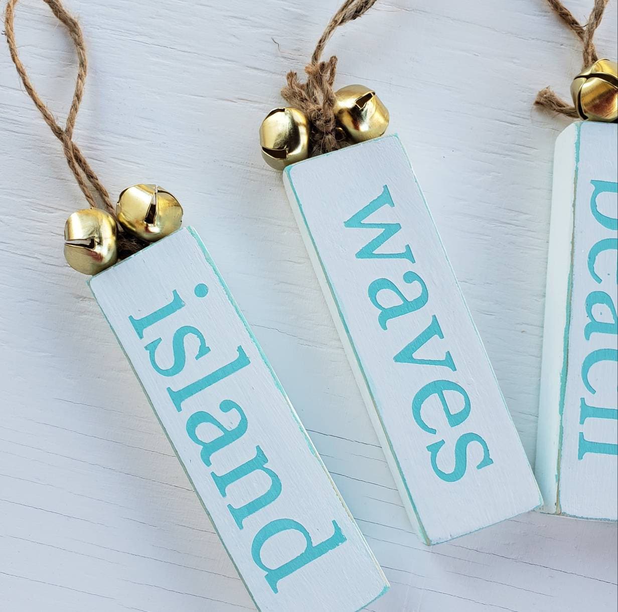 Beach Wood Ornaments with Jute Hanger and Bells – Hand-Painted Coastal Decor for Tree or Shelf