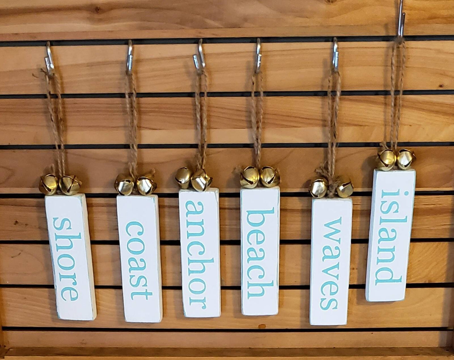Beach Wood Ornaments with Jute Hanger and Bells – Hand-Painted Coastal Decor for Tree or Shelf