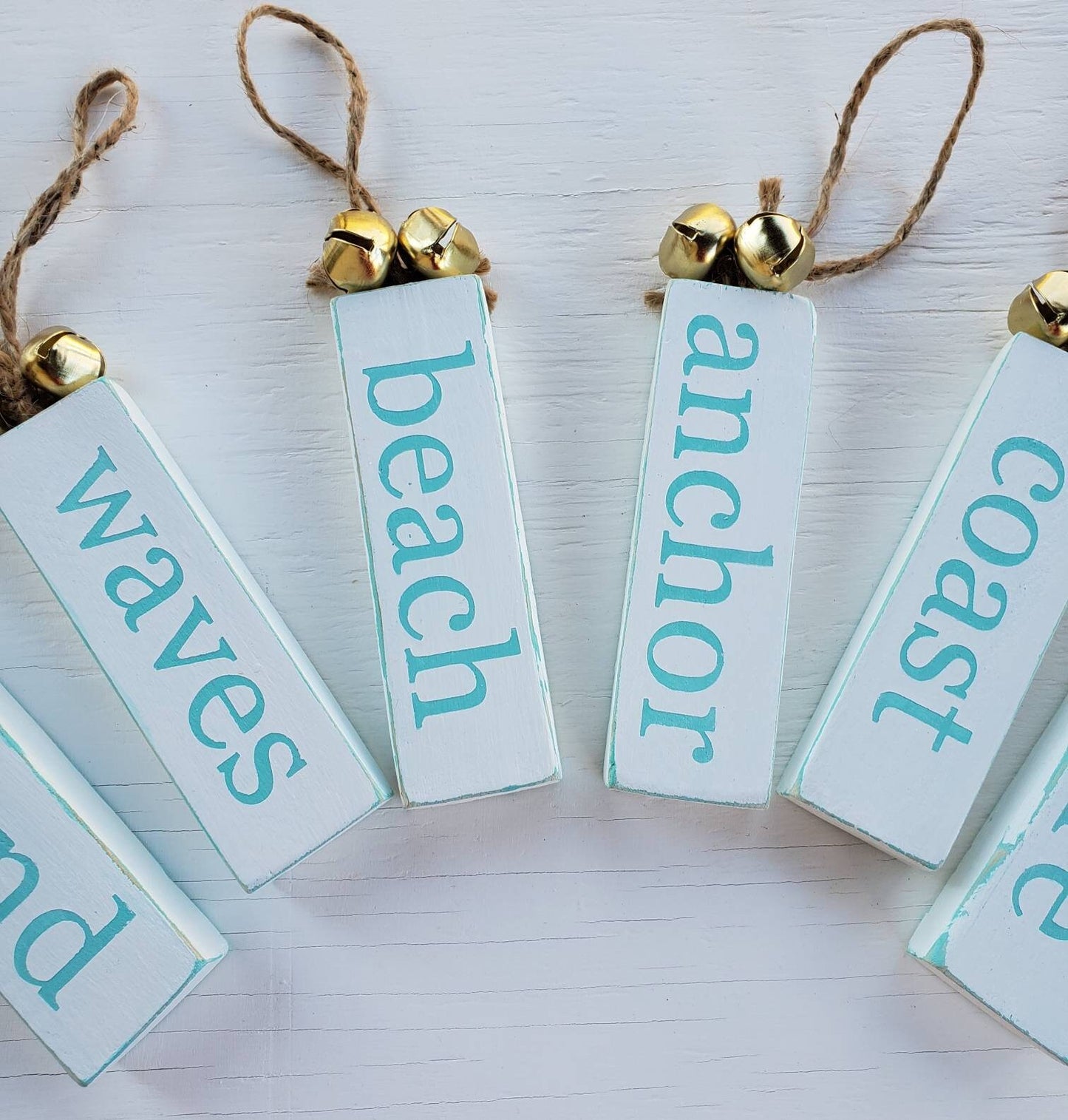 Beach Wood Ornaments with Jute Hanger and Bells – Hand-Painted Coastal Decor for Tree or Shelf