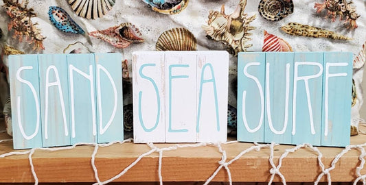 Sand, Sea, Surf Tiered Tray Decor – Hand-Painted Beach Signs & Bead Garland for Coastal Displays