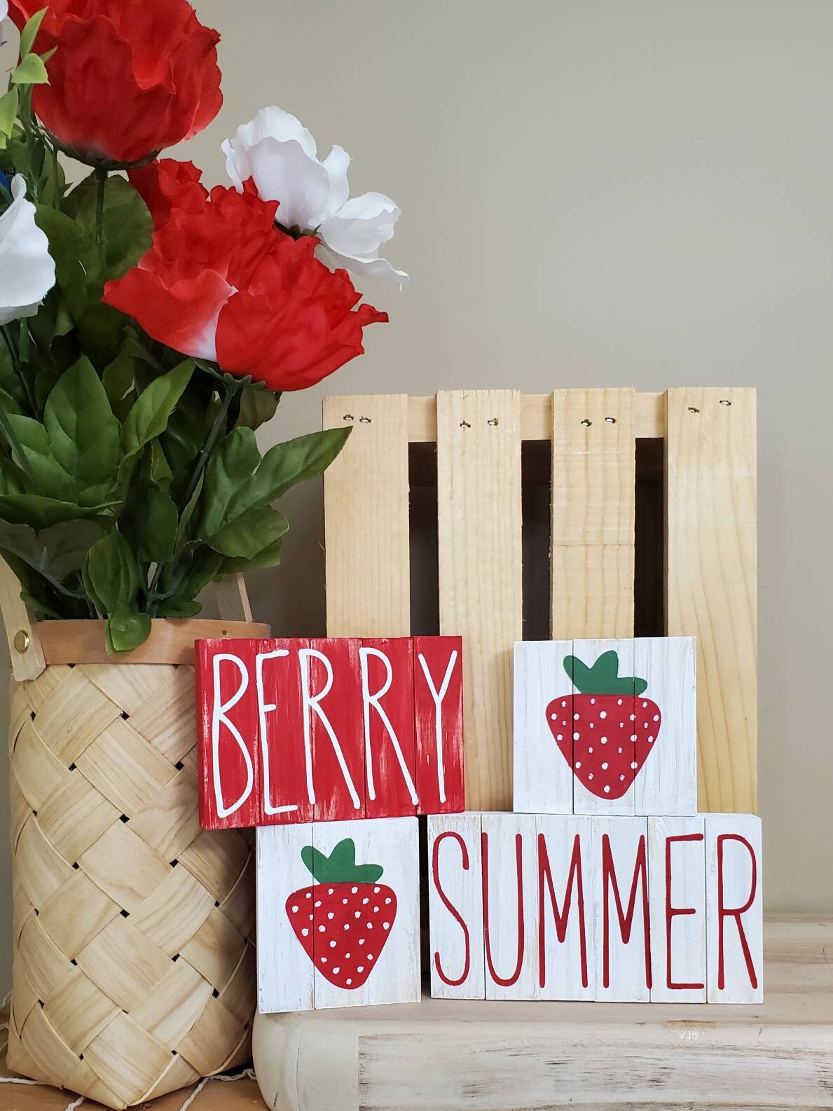 Strawberry Tiered Tray Decor – Hand-Painted Summer Mini Signs