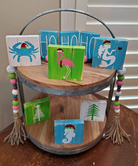 Beach Christmas Tiered Tray Decor – Hand-Painted 3x3 Mini Signs & Bead Garland (Single or Bundle of 6)