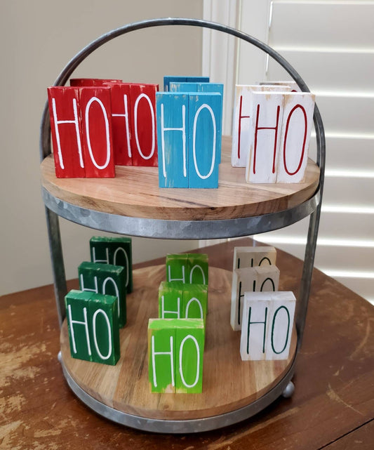 Ho Ho Ho Tiered Tray Decor – Set of 3 Hand-Painted Holiday Shelf Sitter Blocks in Custom Colors
