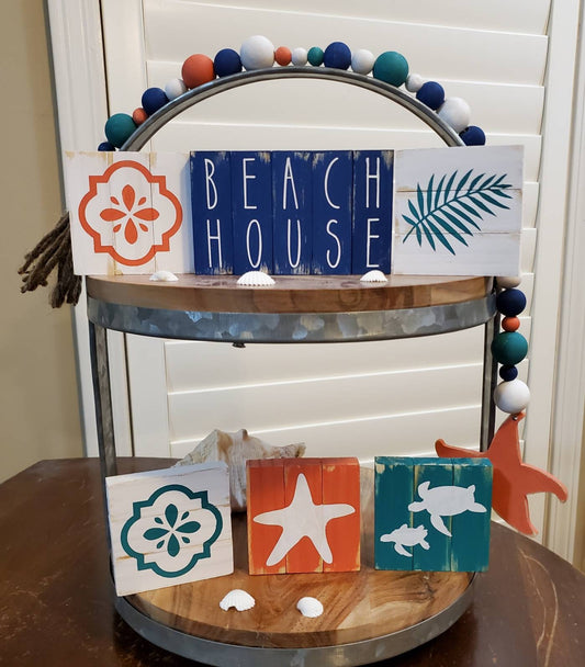 Coral & Teal Beach House Tiered Tray Decor