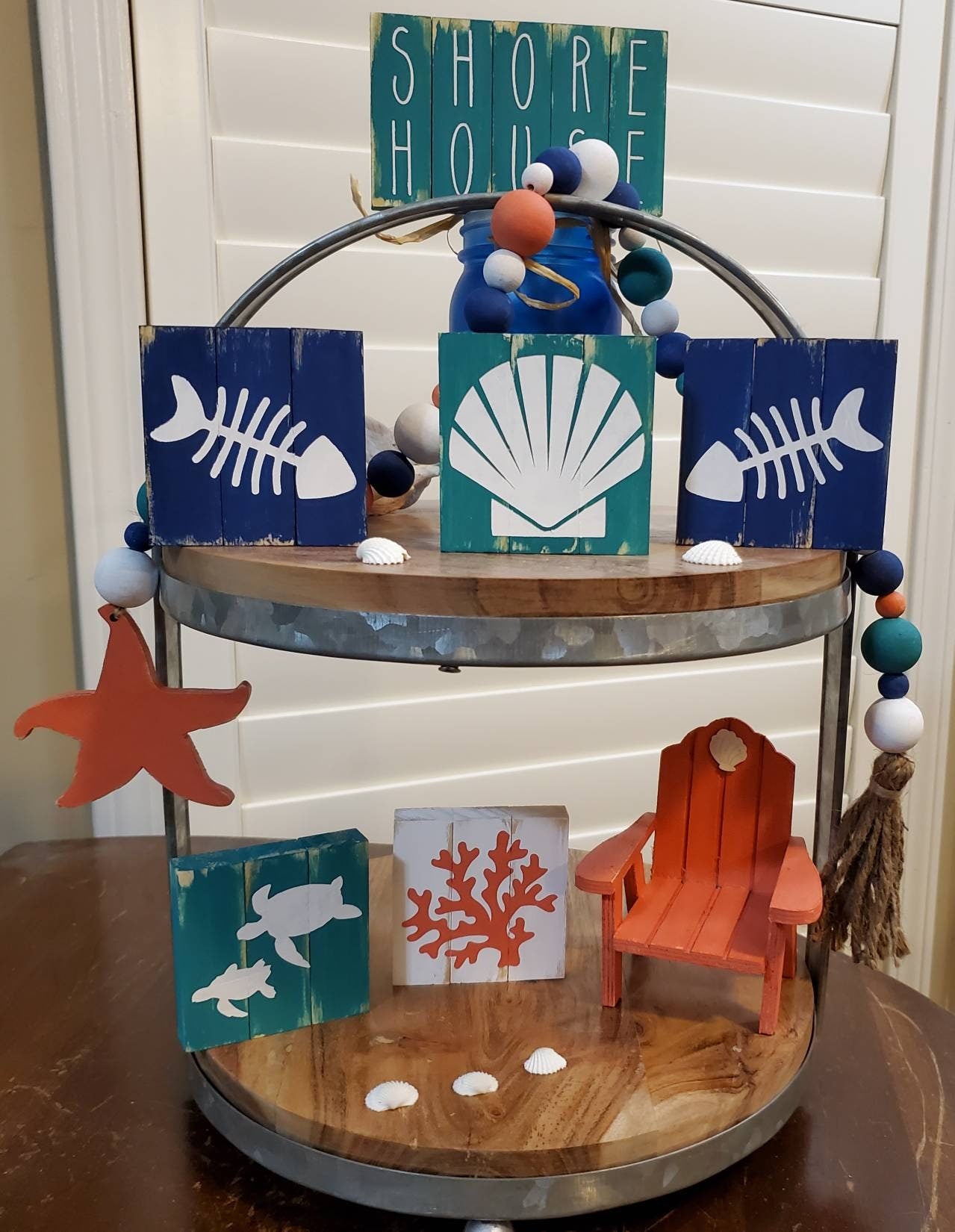 Coral & Teal Beach House Tiered Tray Decor