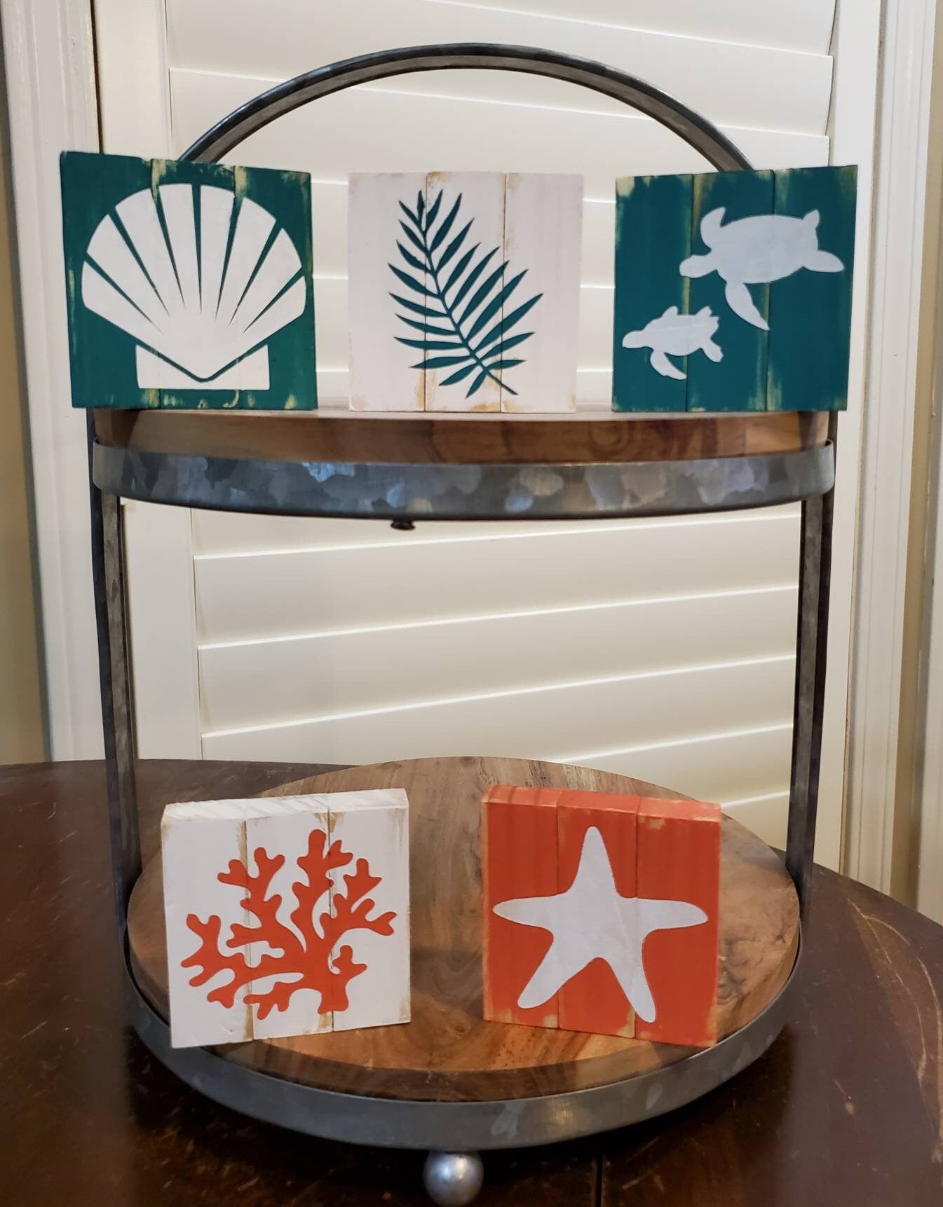 Coral & Teal Beach House Tiered Tray Decor