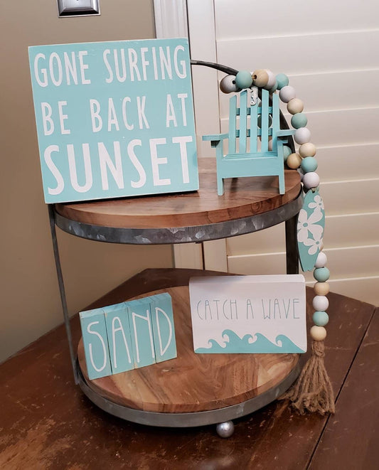 Aqua Surf Tiered Tray Decor – Hand-Painted Coastal Mini Signs for Beach & Summer Styling