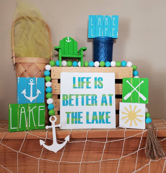 Life Is Better at the Lake Tiered Tray Decor – Hand-Painted Lake House Signs, Bead Garland & Adirondack Chair