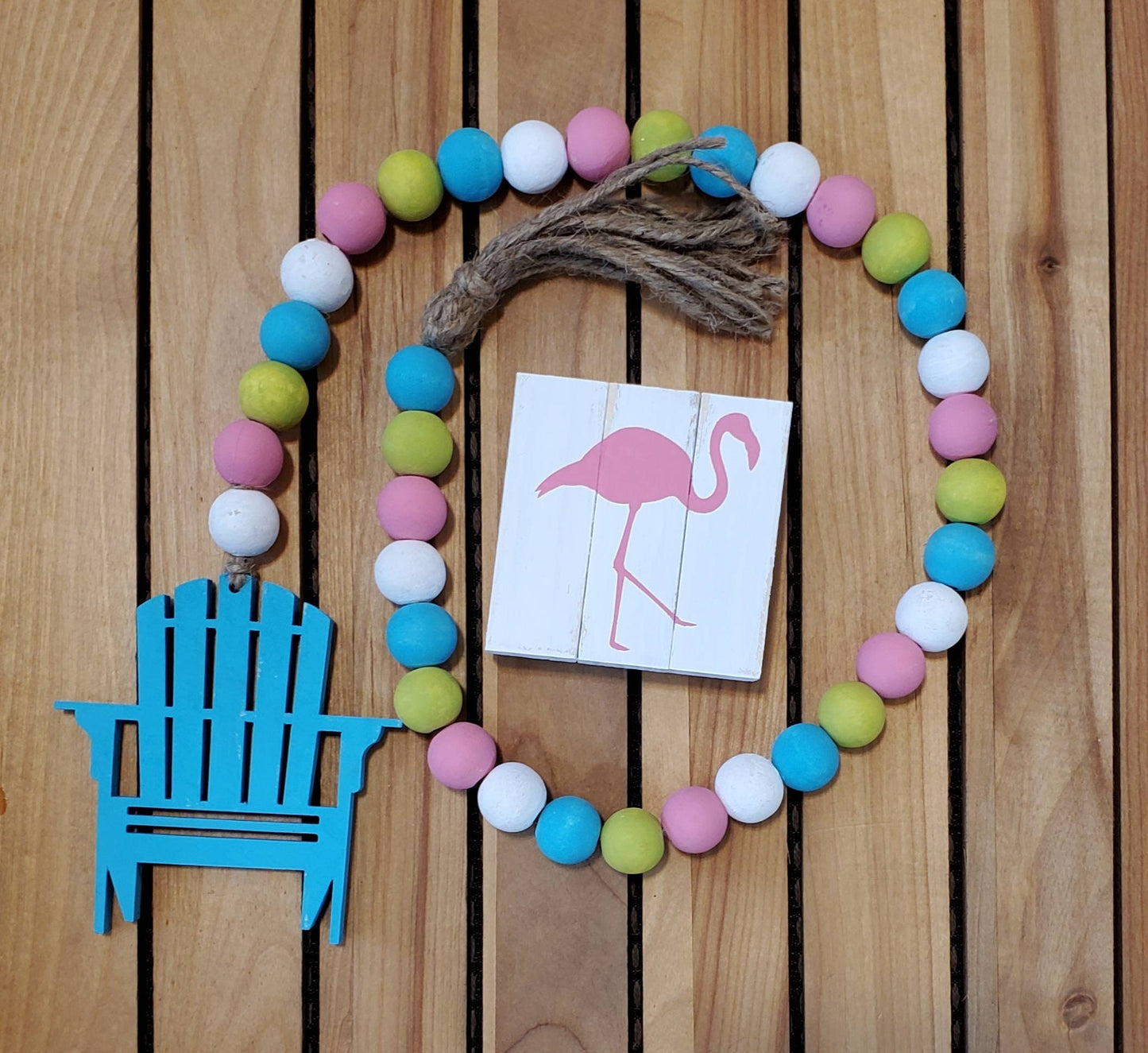 Flamingo Camping Tiered Tray Decor – Hand-Painted Camper, Pine, and Palm Signs with Bead Garland