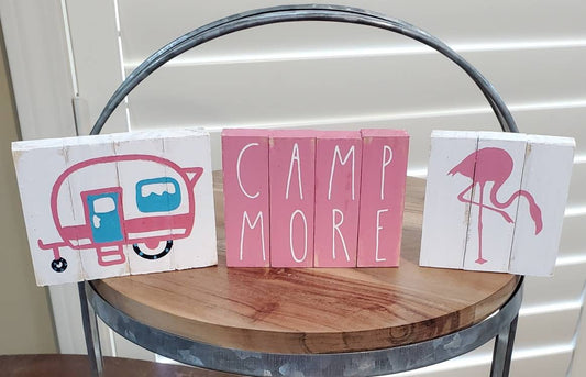 Flamingo Camping Tiered Tray Decor – Hand-Painted Camper, Pine, and Palm Signs with Bead Garland
