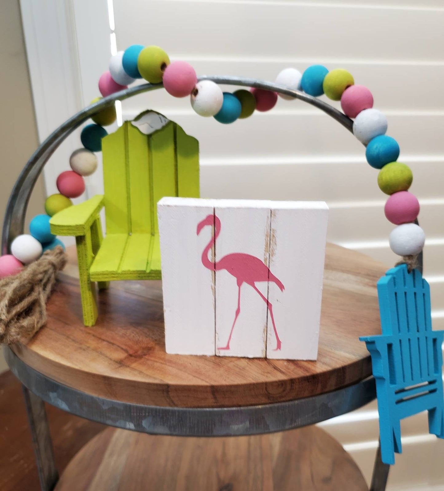 Flamingo Camping Tiered Tray Decor – Hand-Painted Camper, Pine, and Palm Signs with Bead Garland
