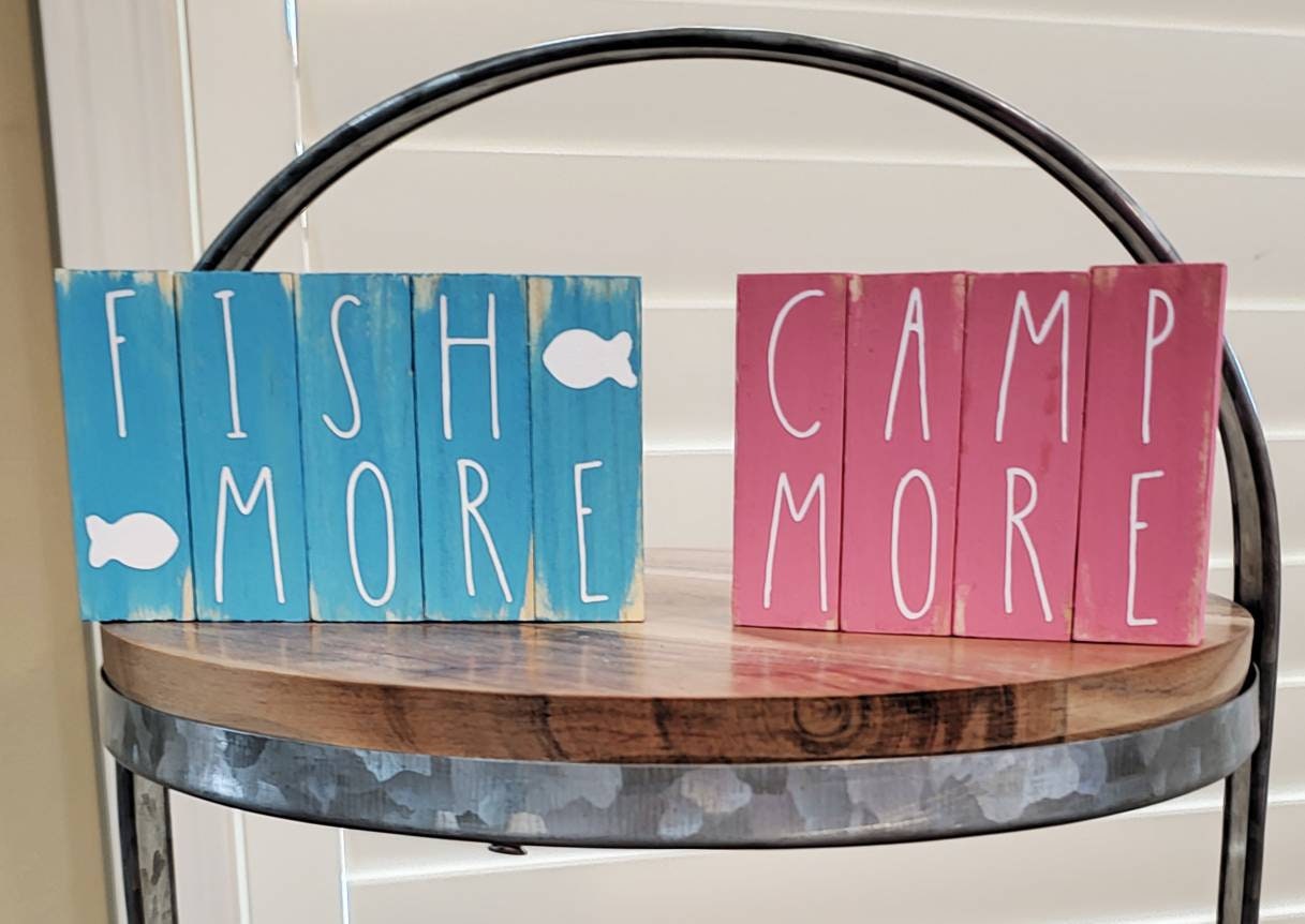 Flamingo Camping Tiered Tray Decor – Hand-Painted Camper, Pine, and Palm Signs with Bead Garland