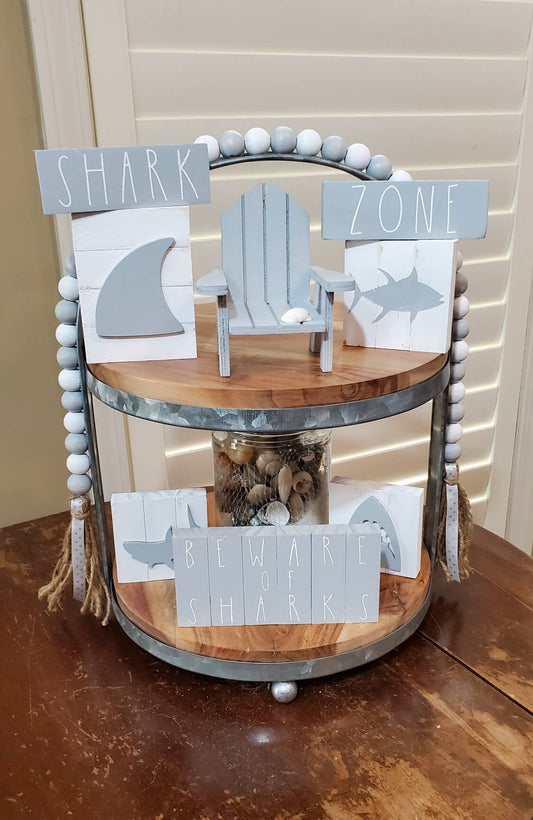 Shark Tiered Tray Decor Set – Hand-Painted Ocean-Themed Signs for Coastal or Nautical Display