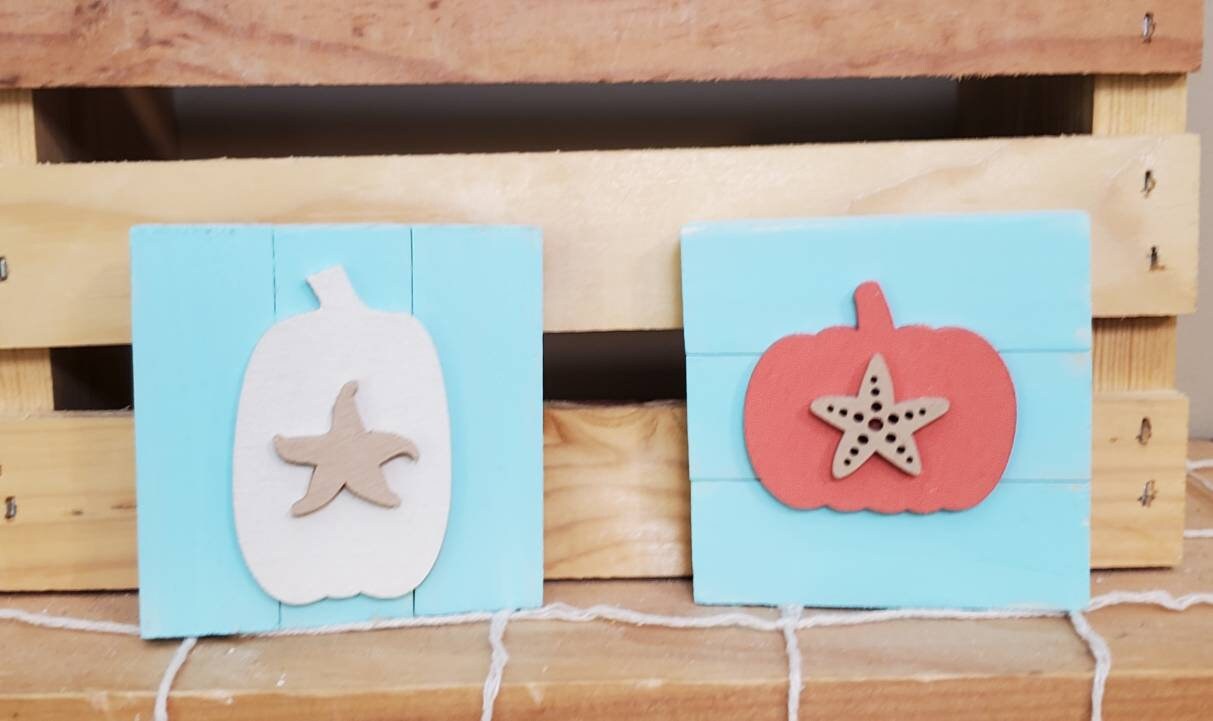 Fall Beach Tiered Tray Decor – Aqua & Coral Coastal Autumn Mini Signs | Mermaid & Pumpkin Surf Decor