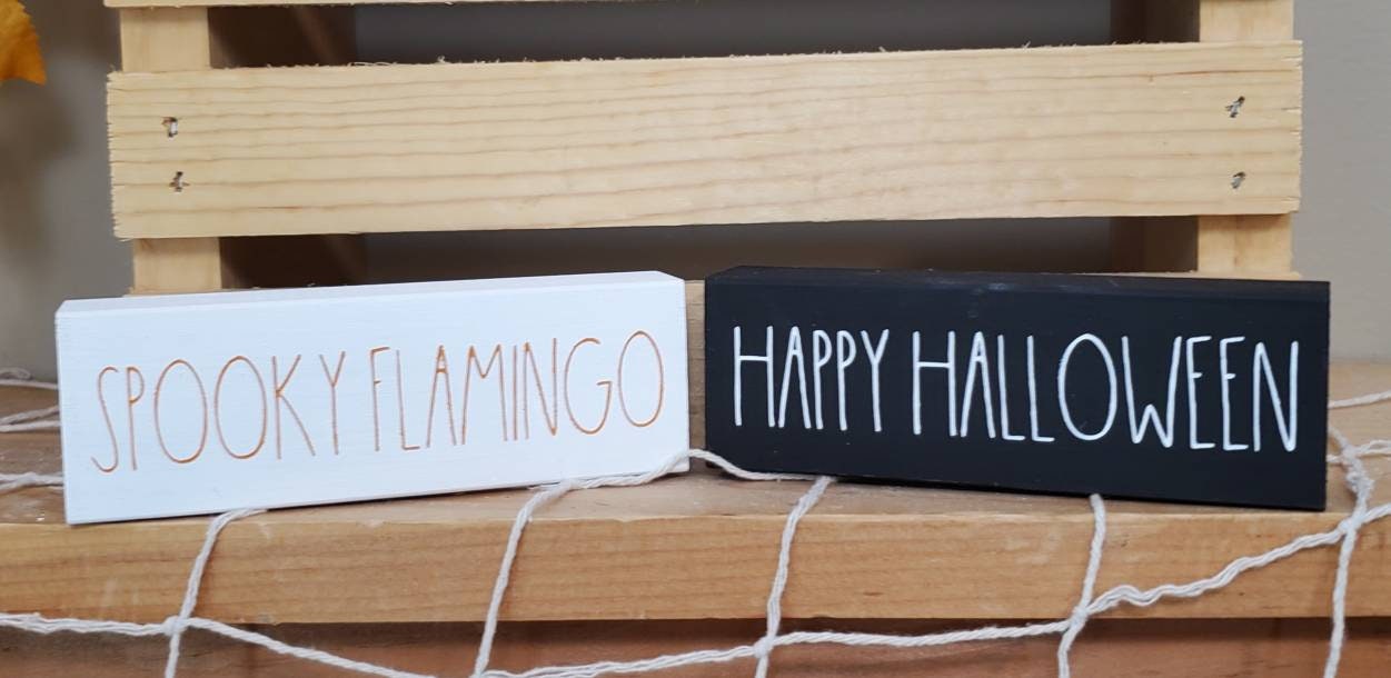 Flamingo Halloween Tiered Tray Decor – Hand-Painted Spooky Cute Signs for Coastal Halloween Styling