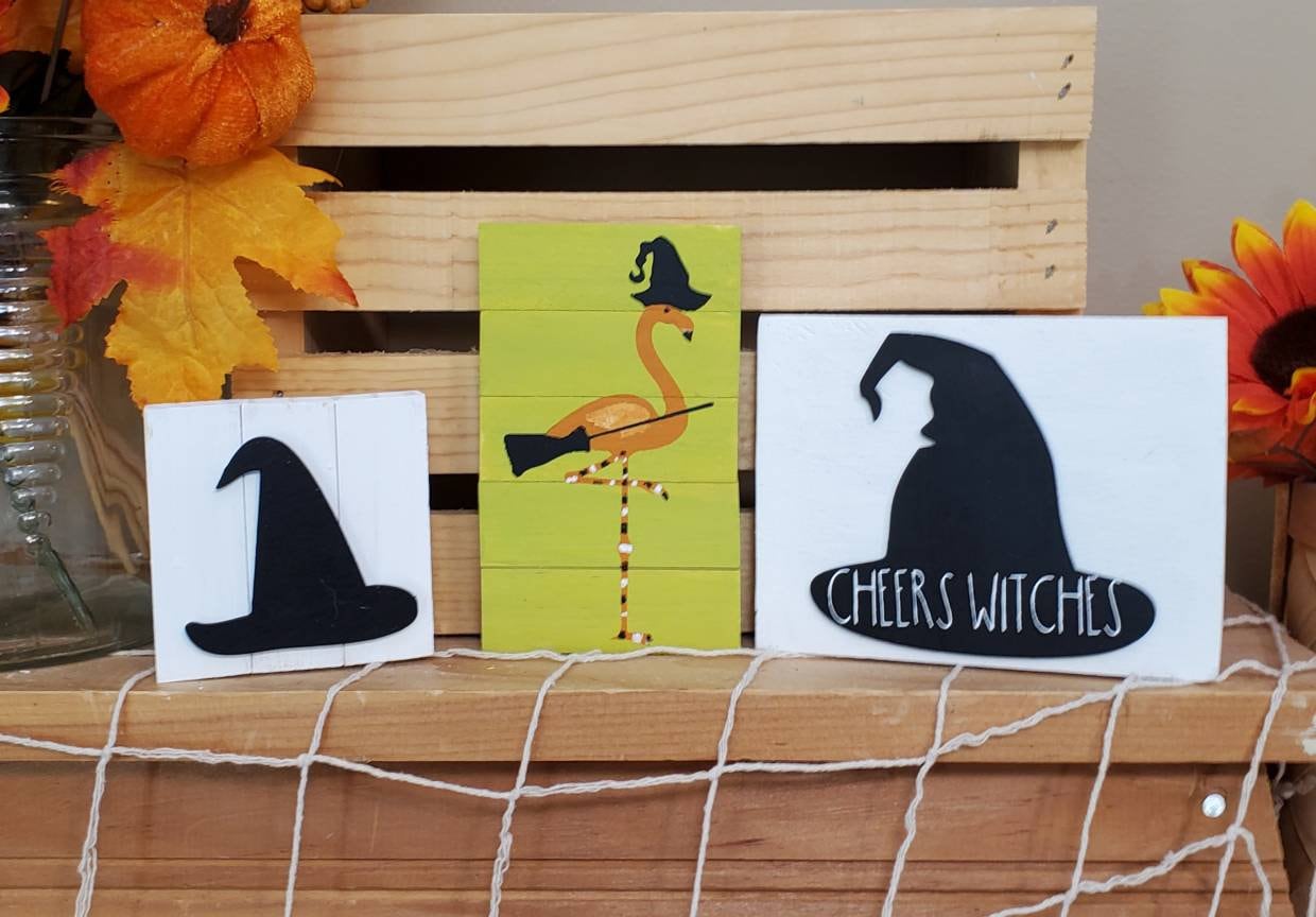 Flamingo Halloween Tiered Tray Decor – Hand-Painted Spooky Cute Signs for Coastal Halloween Styling