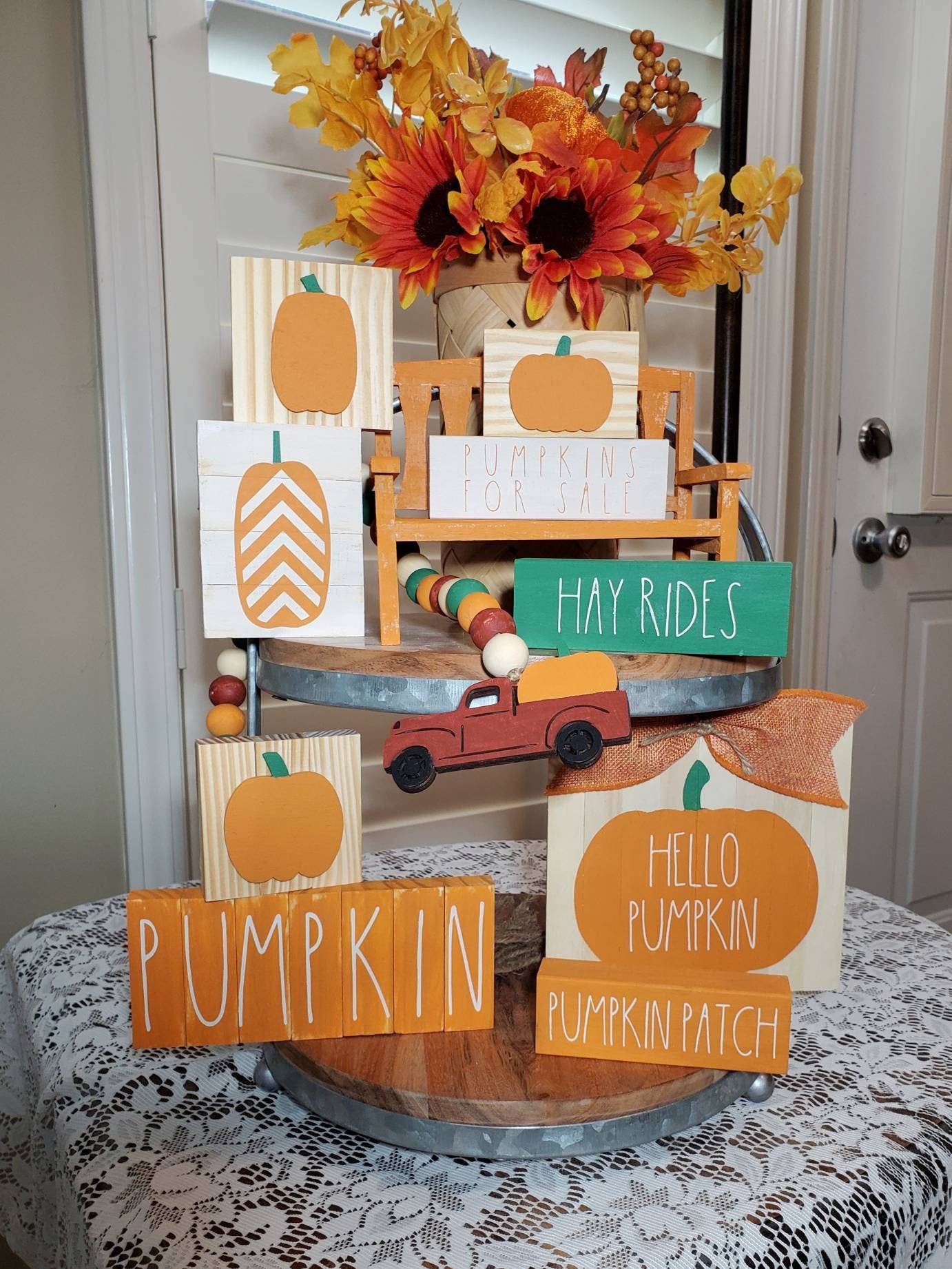 Fall 3D Tiered Tray Decor – Hand-Painted Autumn Signs with Layered Wood Details for Seasonal Styling