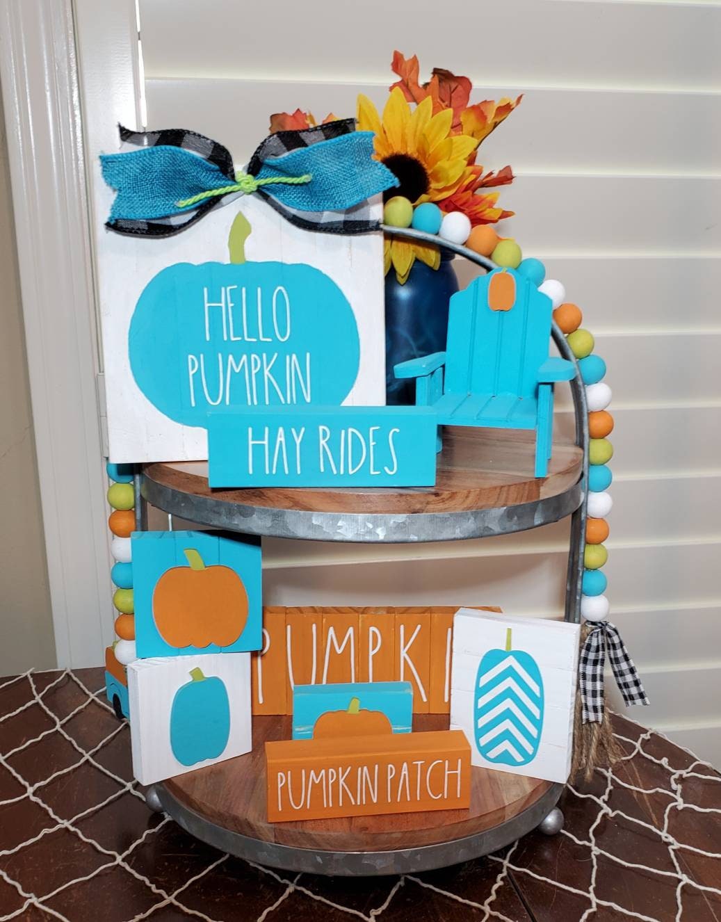 Fall Beach Tiered Tray Decor β Hello Pumpkin Coastal Autumn Mini Sign Set | Aqua, Lime & Orange Tiered Tray Pieces