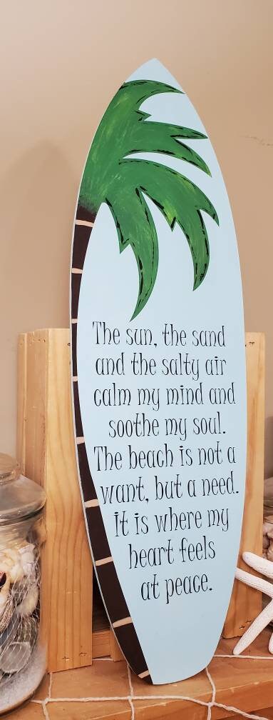 Surfboard Beach Quote Sign – Hand-Painted Tropical Decor with Palm Tree & Relaxing Coastal Saying