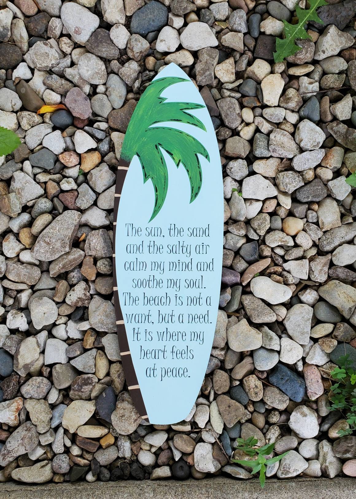 Surfboard Beach Quote Sign – Hand-Painted Tropical Decor with Palm Tree & Relaxing Coastal Saying