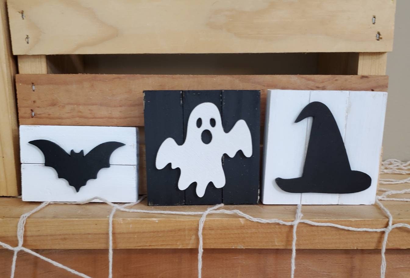 Black and White, Fall, Tiered Tray, 3D Wood Sign, Halloween, Witch, Pumpkin, Autumn Decor, Bead Garland, Gift For Her, Shelf Sitter