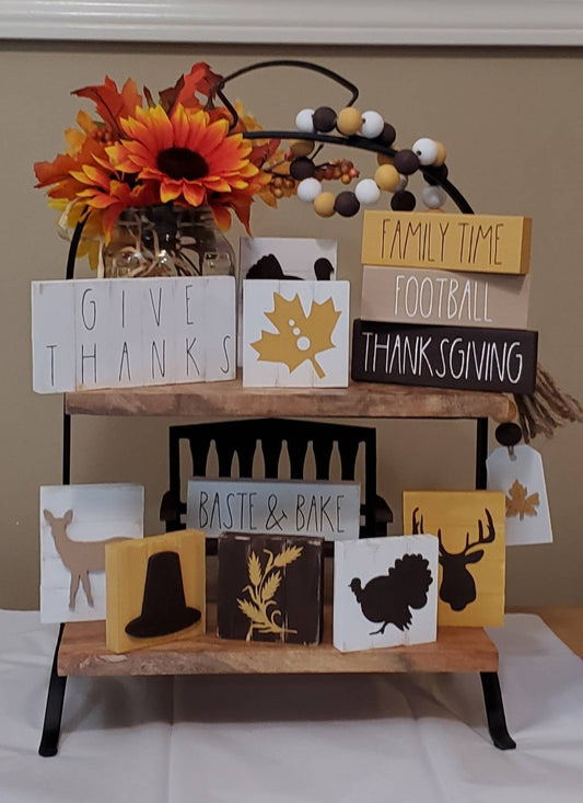 Fall Thanksgiving Tiered Tray Decor – Family, Football, Turkey, & Hunting Inspired Mini Signs | Rustic Autumn Shelf Sitters