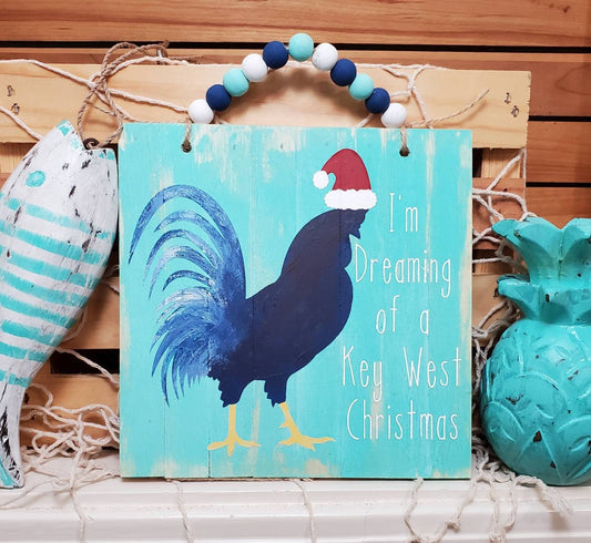 Key West Rooster Christmas Wood Sign – Hand-Painted Holiday Decor with Bead Hanger