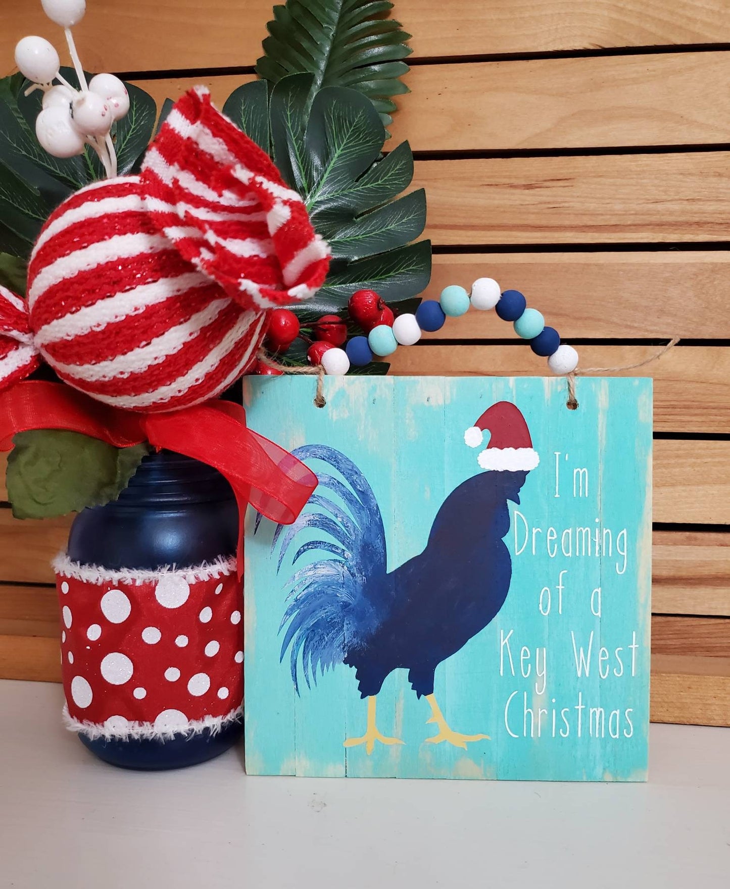 Key West Rooster Christmas Wood Sign – Hand-Painted Holiday Decor with Bead Hanger
