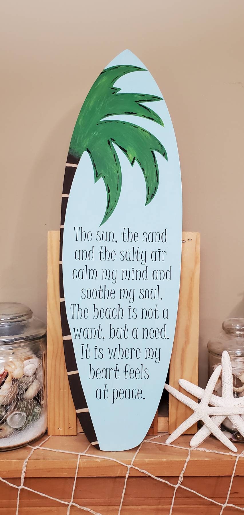 Surfboard Beach Quote Sign – Hand-Painted Tropical Decor with Palm Tree & Relaxing Coastal Saying