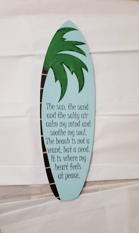 Surfboard Beach Quote Sign – Hand-Painted Tropical Decor with Palm Tree & Relaxing Coastal Saying