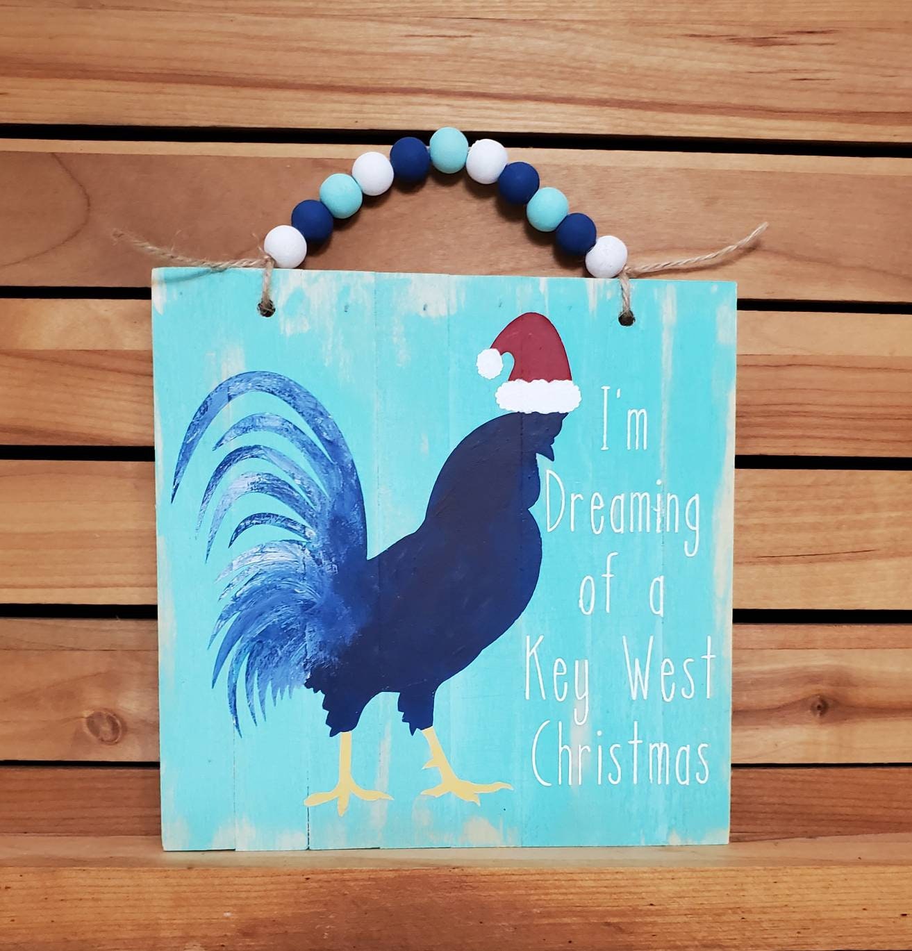 Key West Rooster Christmas Wood Sign – Hand-Painted Holiday Decor with Bead Hanger