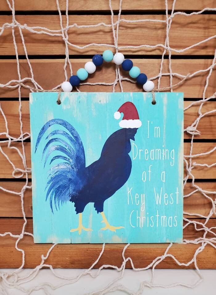 Key West Rooster Christmas Wood Sign – Hand-Painted Holiday Decor with Bead Hanger