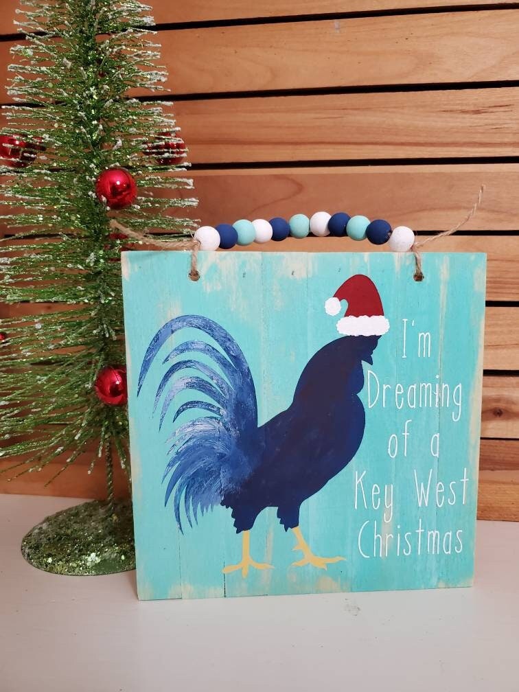 Key West Rooster Christmas Wood Sign – Hand-Painted Holiday Decor with Bead Hanger