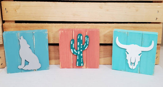 Southwest Tiered Tray Decor Set – Hand-Painted 3D Signs in Copper, Coral, Blue & Earth Tones