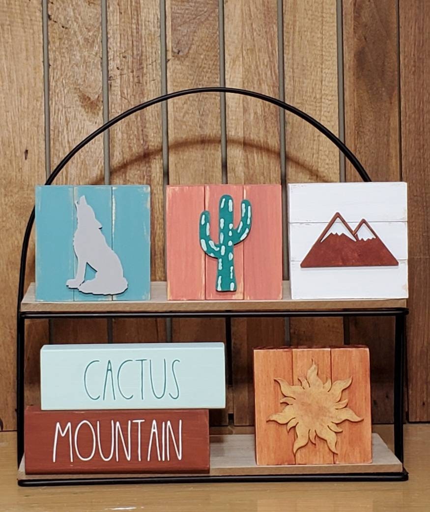 Southwest Tiered Tray Decor Set – Hand-Painted 3D Signs in Copper, Coral, Blue & Earth Tones