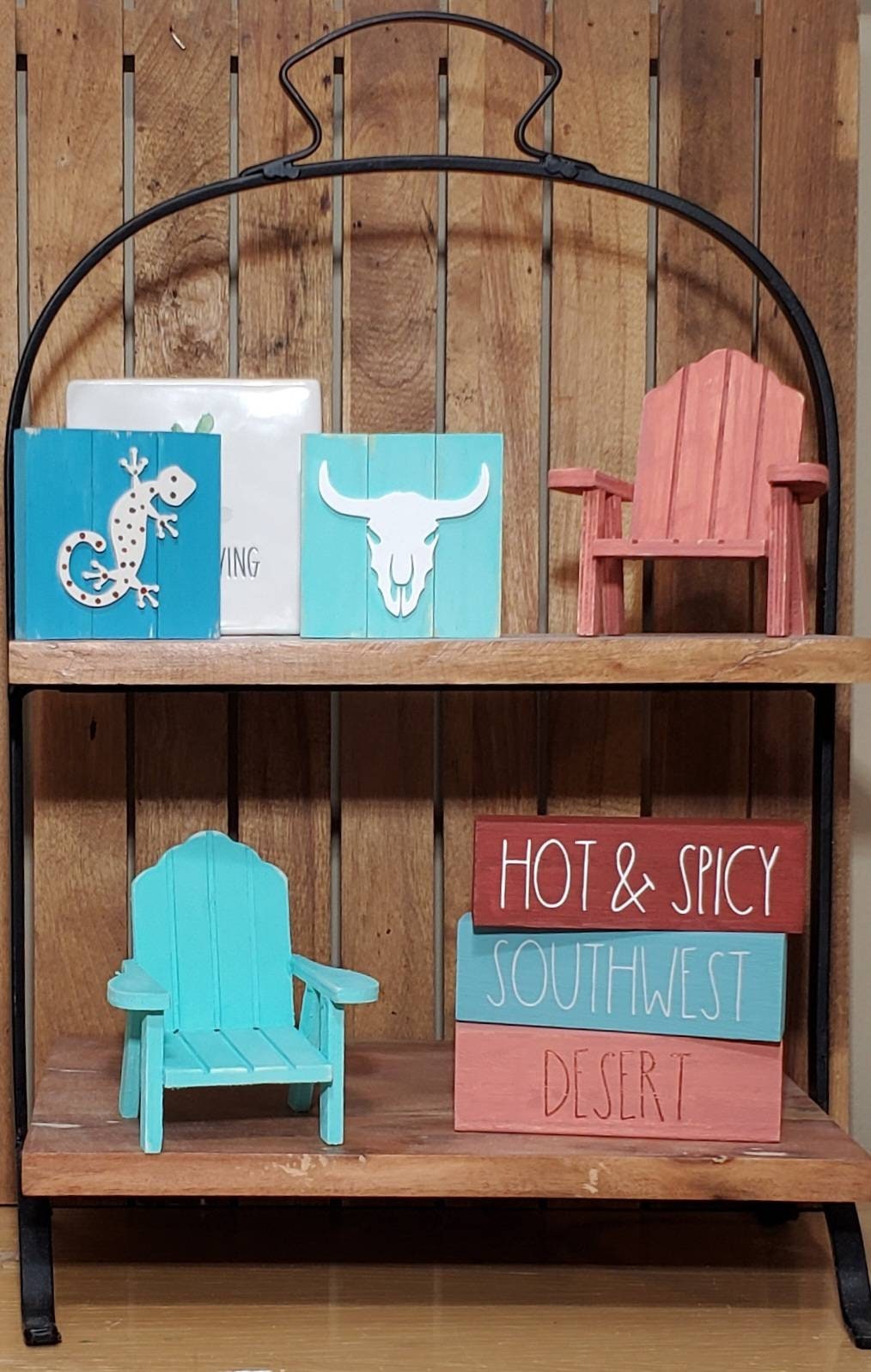 Southwest Tiered Tray Decor Set – Hand-Painted 3D Signs in Copper, Coral, Blue & Earth Tones