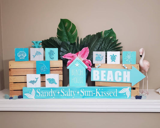 Sandy Salty Sunkissed Wood Sign – Hand-Painted Coastal Shelf Sitter for Beach or Summer Decor