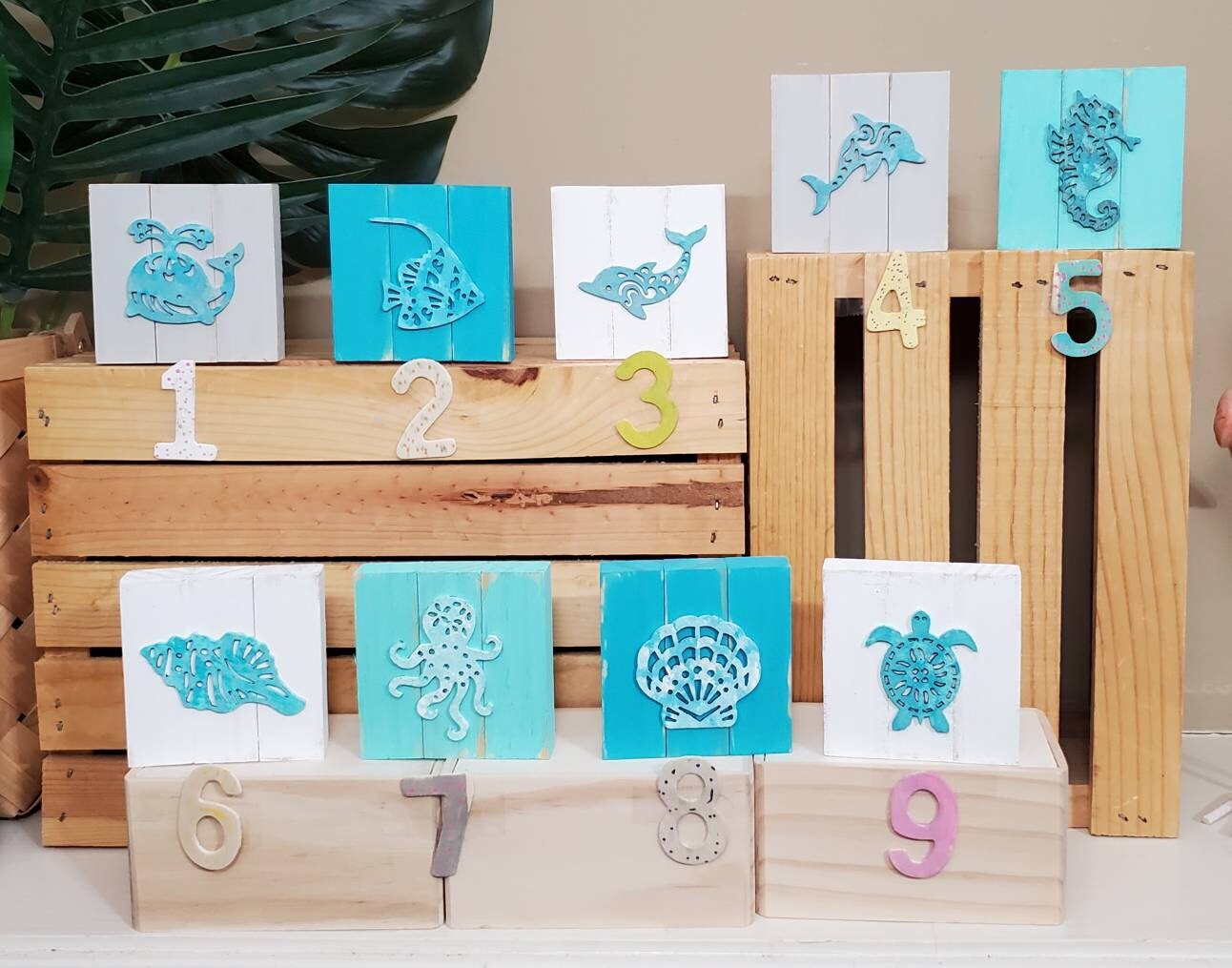 Mini Beach House Tiered Tray Set – Hand-Painted Coastal Shelf Sitters