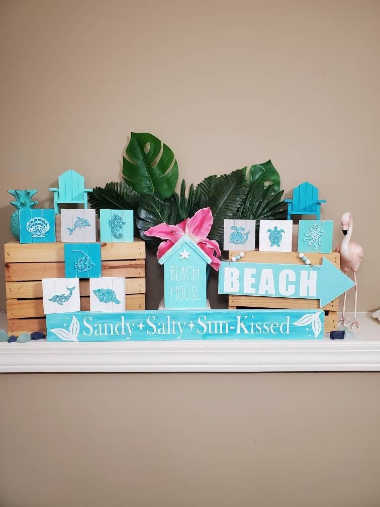 Mini Beach House Tiered Tray Set – Hand-Painted Coastal Shelf Sitters